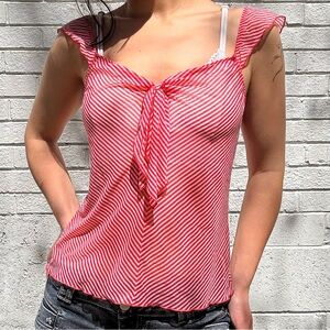 Victoria’s Secret Y2K Sheer Cami XS Red White Stripe Tie Front Flutter Strap